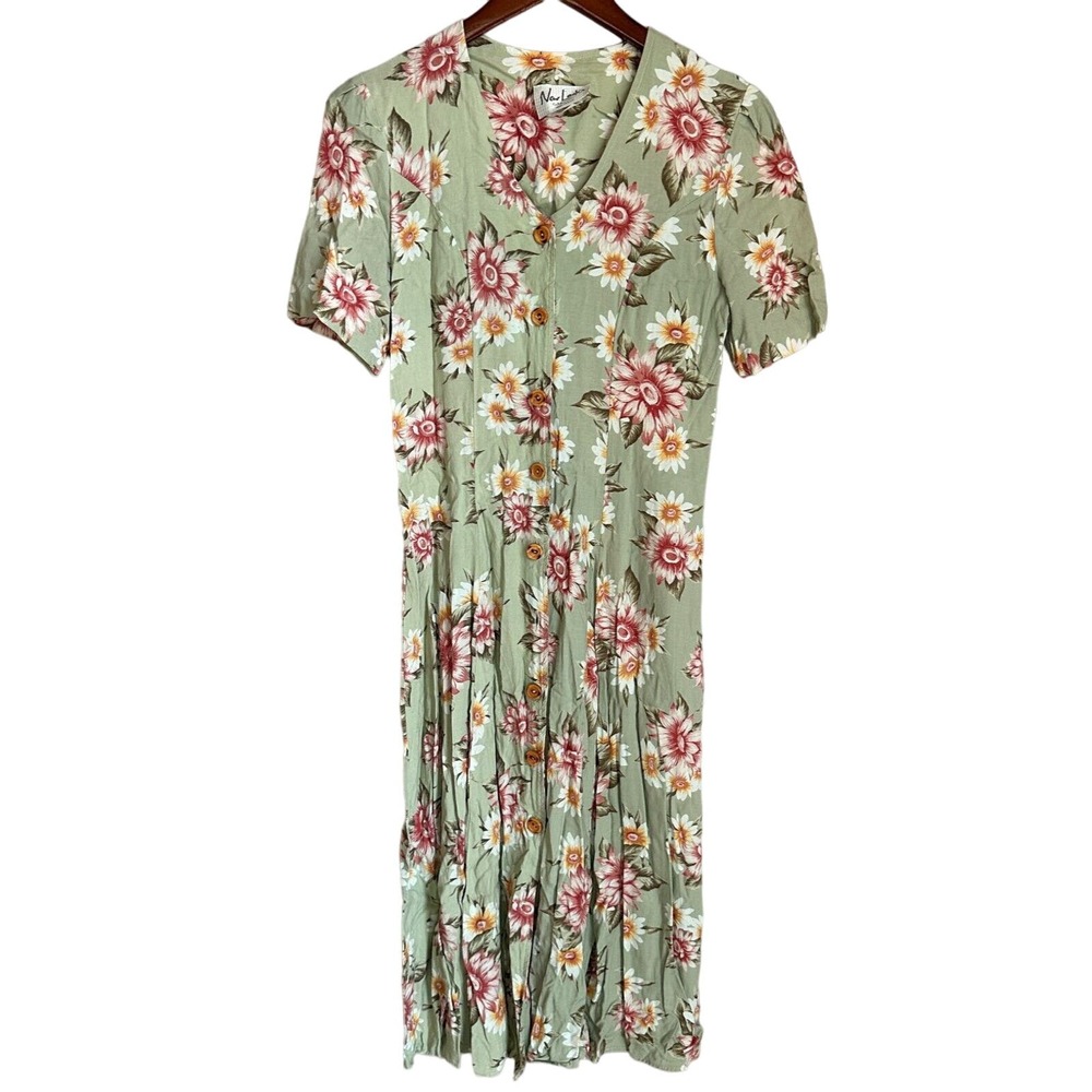 Vintage New Looks Floral Midi Dress Fairy Button Down 80s 90s Short Sleeve Green